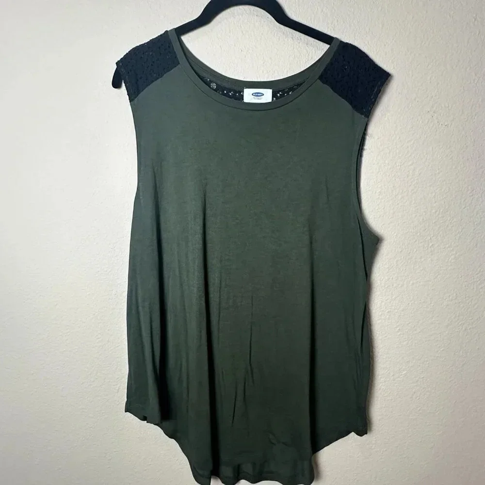 Olive Green Sleeveless Lace-Shoulder Women's Top